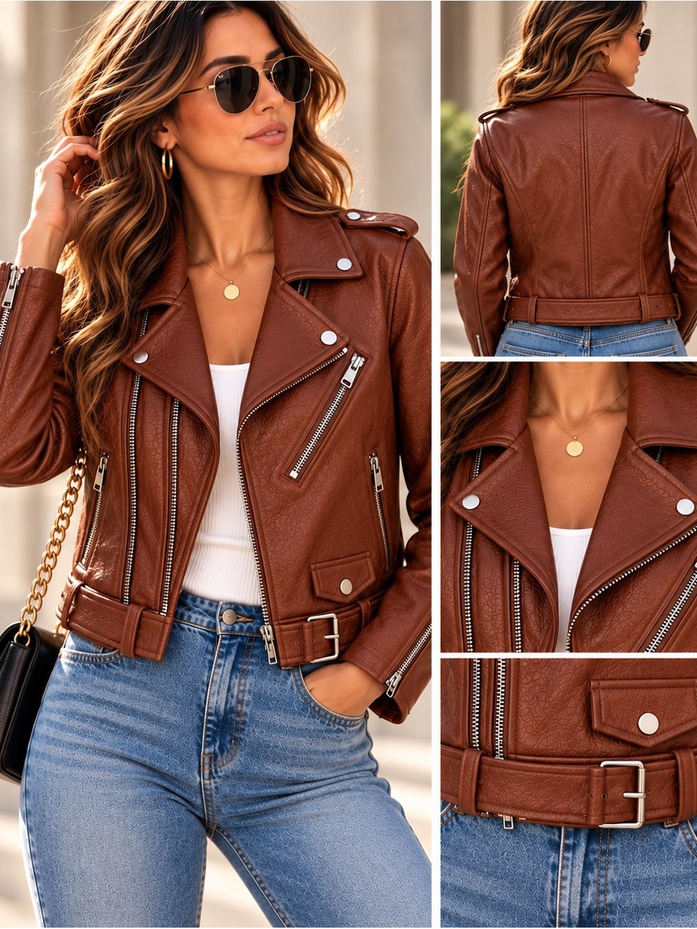 7 For All Mankind Cognac Brown Faux Leather Belted Moto Biker Jacket Small